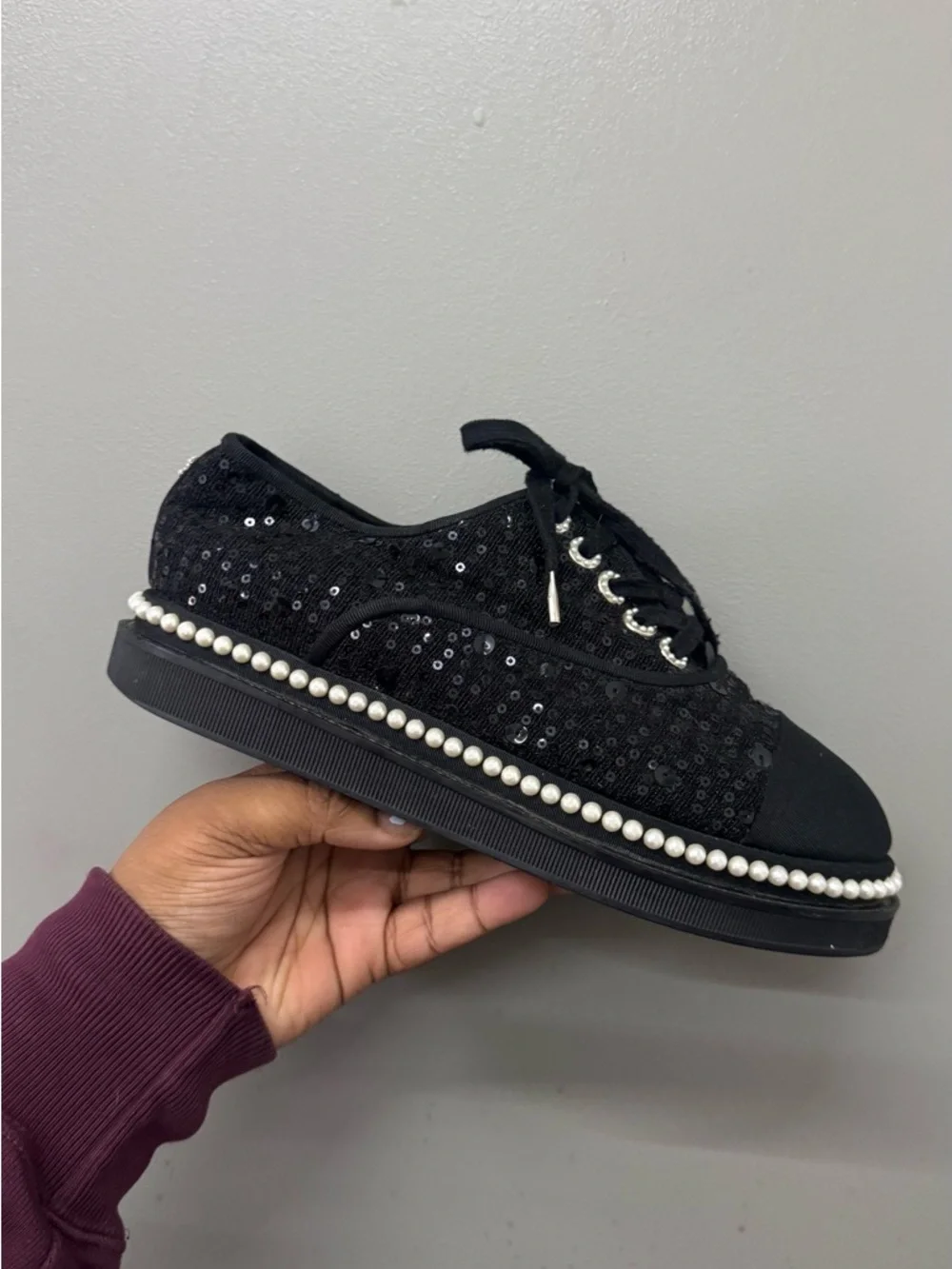 Chanel Black Tweed Sequins Lace Up Pearl Sneaker Shoes Size 37 /US 7 Auth.